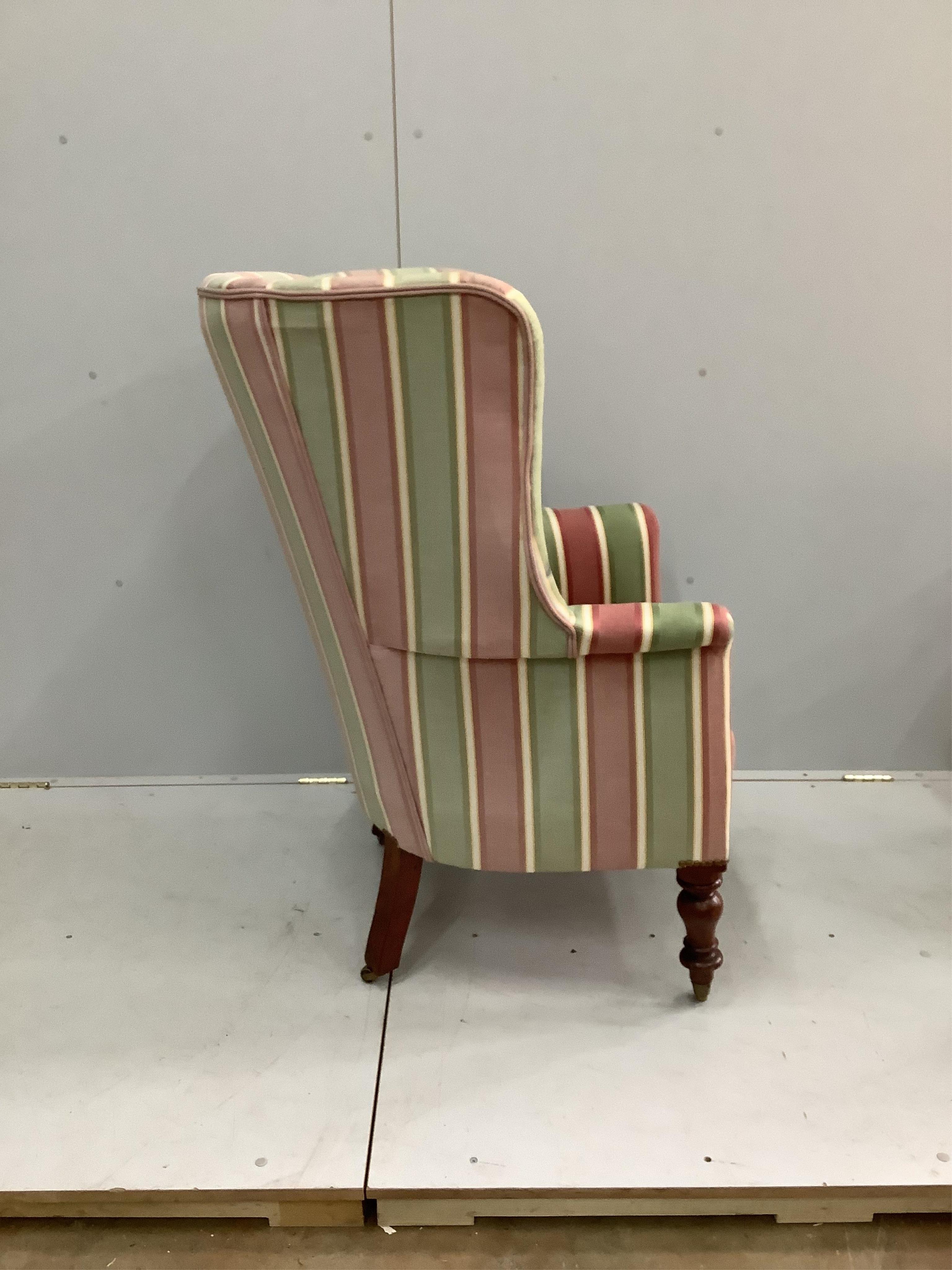 A Victorian mahogany tub framed buttoned wingback armchair, width 73cm, depth 60cm, height 110cm. Condition - fair